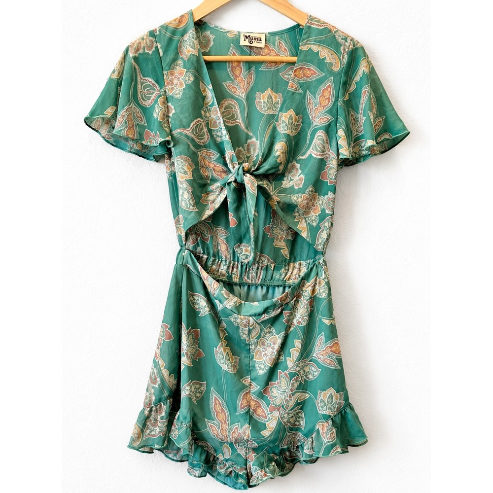 Show Me Your Mumu Riviera Romper Womens S Green Paisley Tie Front Flutter Sleeve